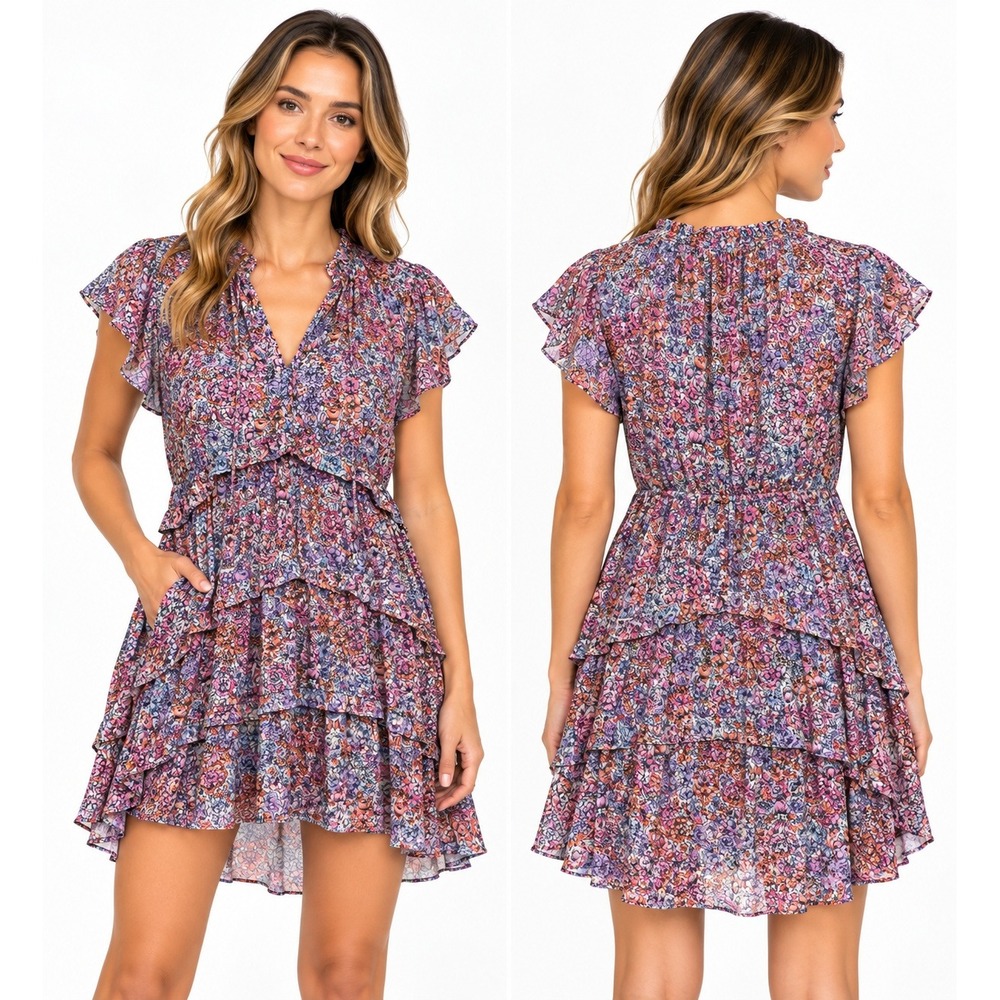 Anthropologie Floral Tiered Ruffle Mini Dress Purple Pink Blue XXS NEW